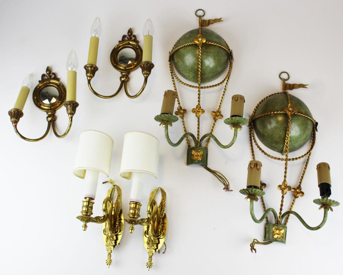 mid- late 20th c wrought steel, brass sconces: mid- late 20th c wrought steel, brass wall sconces (3 pr)