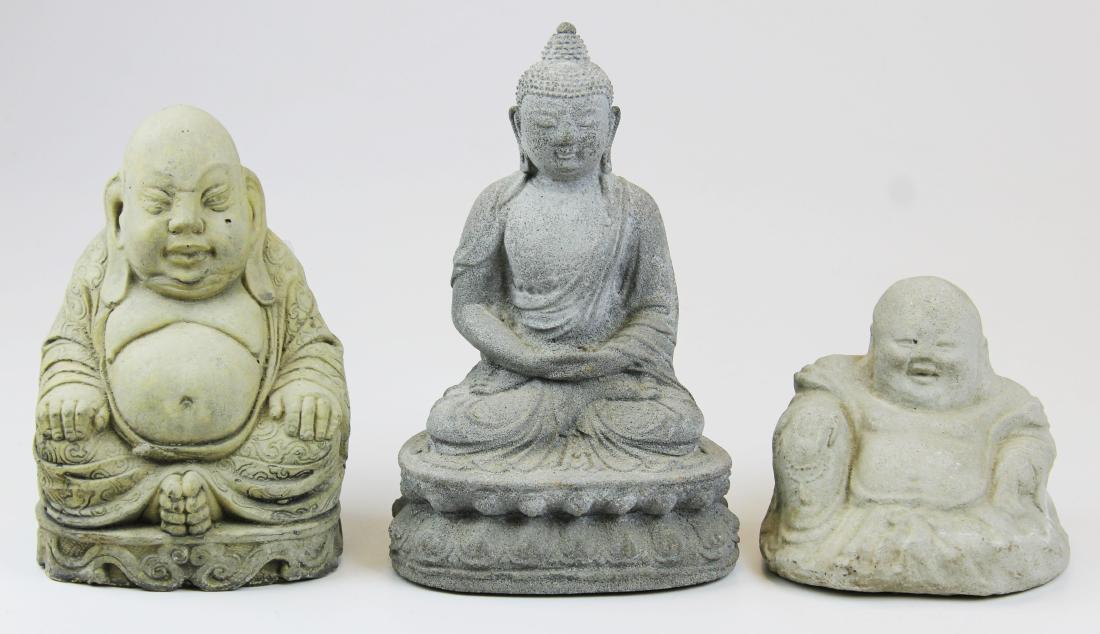 late 20th c cement Buddha garden statues: three late 20th c cement Buddha garden statues, hts 5" to 10 1/2"