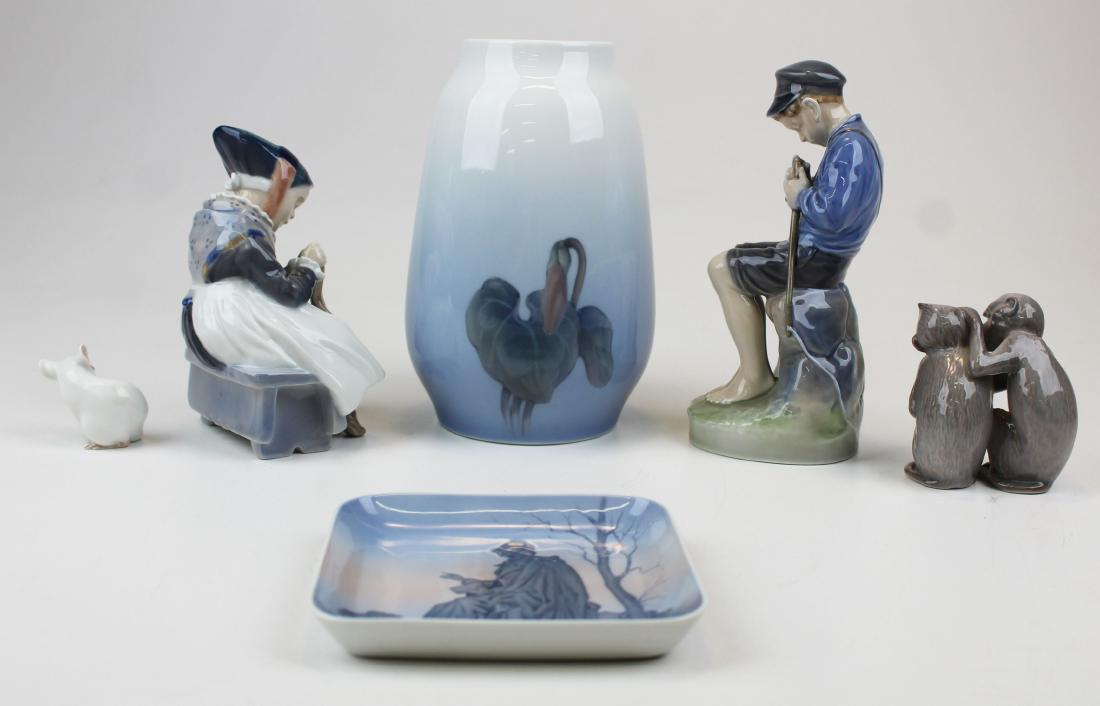 6 Royal Copenhagen & B & G porcelains.: A group of 6 porcelains including a Royal Copenhagen lily decorated 7 3/4" vase, two Royal Copenhagen figures, B & G mouse, B & G two monkeys, and Denmark tray with image of man under tree.
