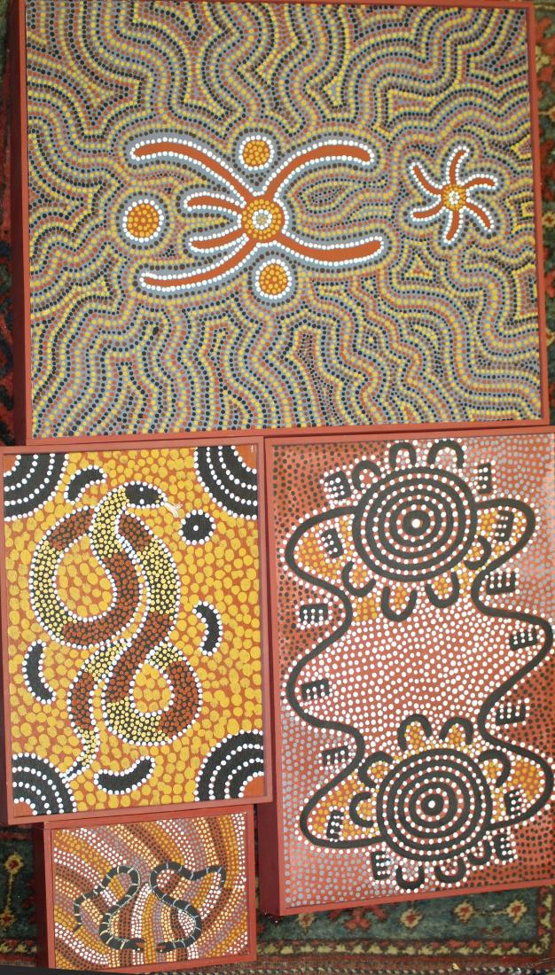 Four Aboriginal Australian Dreamtime Paintings: Four Dream time Paintings on canvas by Aboriginal Australians - Snake Dreaming- George Jampijinpa 9 x 12"; Possum Dreaming - David Jabrula Nelson 10 x 16"; Sugar Bag Ant -Nancy Long 15 x 19" ; Kuniya 