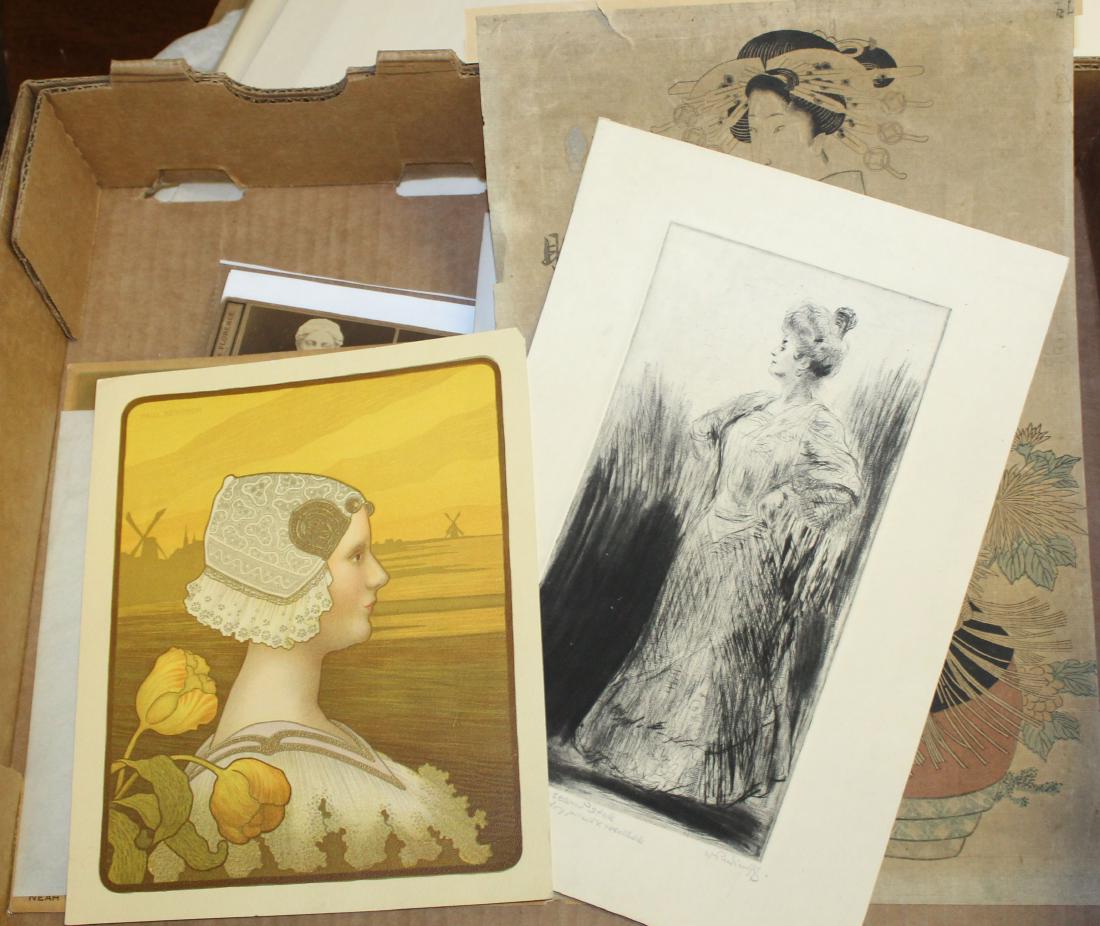 Lot of prints, engravings and photos: Two Stereoview cards of sculptures; Peter Stackpole photo of boat; Kendall Co Chromolithograph of White Mountains; Edo Period Woodblock as found; Jean Fontaine engraving of sheep; Paul Berthon profile