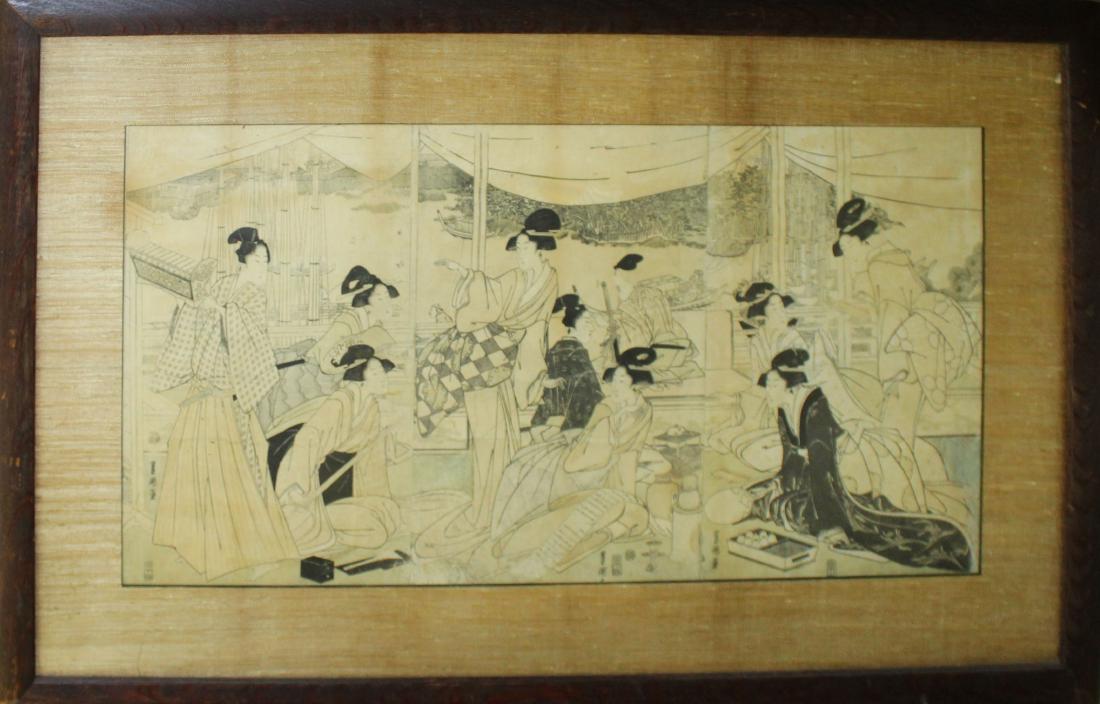 Japanese Edo Period Ukiyo-e print: Japanese Edo Period three panel Ukiyo-E woodblock print of samurai with corteaseans signed and stamped 15 x 30"