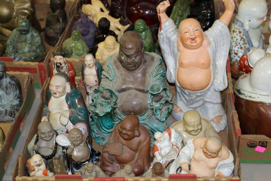 Chinese terra cotta, unglazed Buddha figures: Chinese terra cotta, unglazed Buddha figures, mud men (16 pcs), hts 2" to 14"