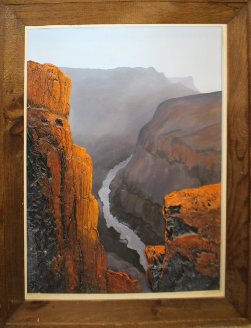 Eight 20th c oil on canvas paintings: eight 20th c oil on canvas paintings Canyon signed Heyden; Asian inspired landscape signed Mount; Seascape signed R Wheeler; Mountain landscape after Bob Ross; Stonehenge signed GAYLORD; Morning Mist