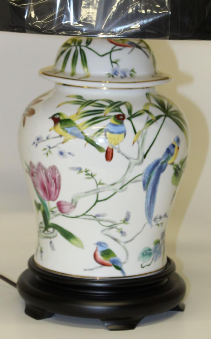 20th c Lamp with bird decoration: 20th c ginger jar table lamp with bird and botanical decoration jar 17" high