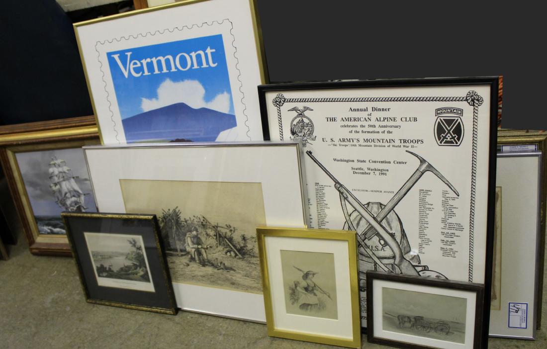 Seven Prints Drawings and Paintings: 20th c oil on canvas of a clipper ship signed Marcia; Annual dinner of American Alpine club for 50th anniversary of 10th Mt Division; C Forbes engraving of A Christmas dinner with Civil War Soldier; V
