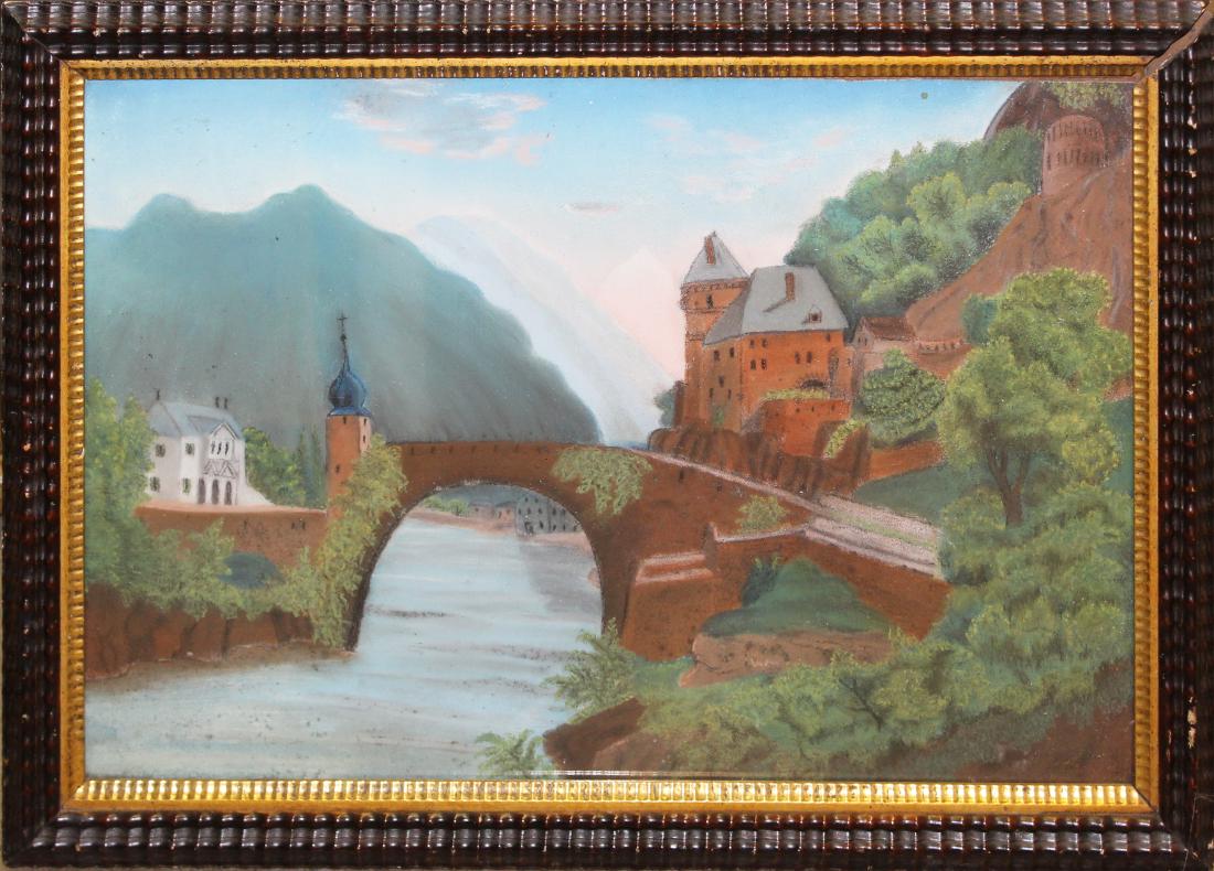 mid 19th c colored sandpaper picture: mid 19th c Hudson River School sandpaper picture, arched bridge in foreground, 14" x 20 1/2"