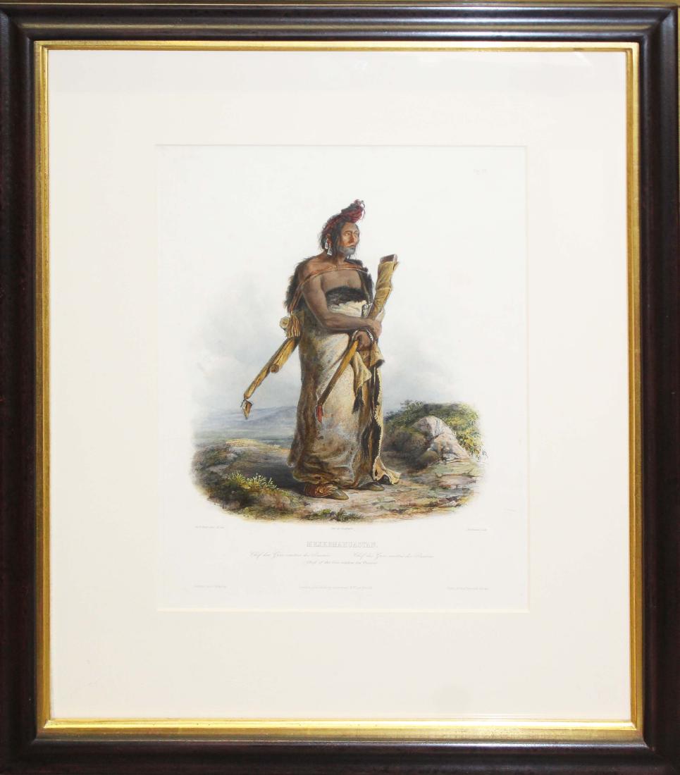 Karl Bodmer hand colored engraving: Karl Bodmer (Swiss/ French 1809- 1893) "Mexkemahuastan" hand colored engraving of an American Indian chief, published by Ackerman & Co, Strand, ex Donald Heald, NYC, with letter, 12 1/4" x 9 1/4"