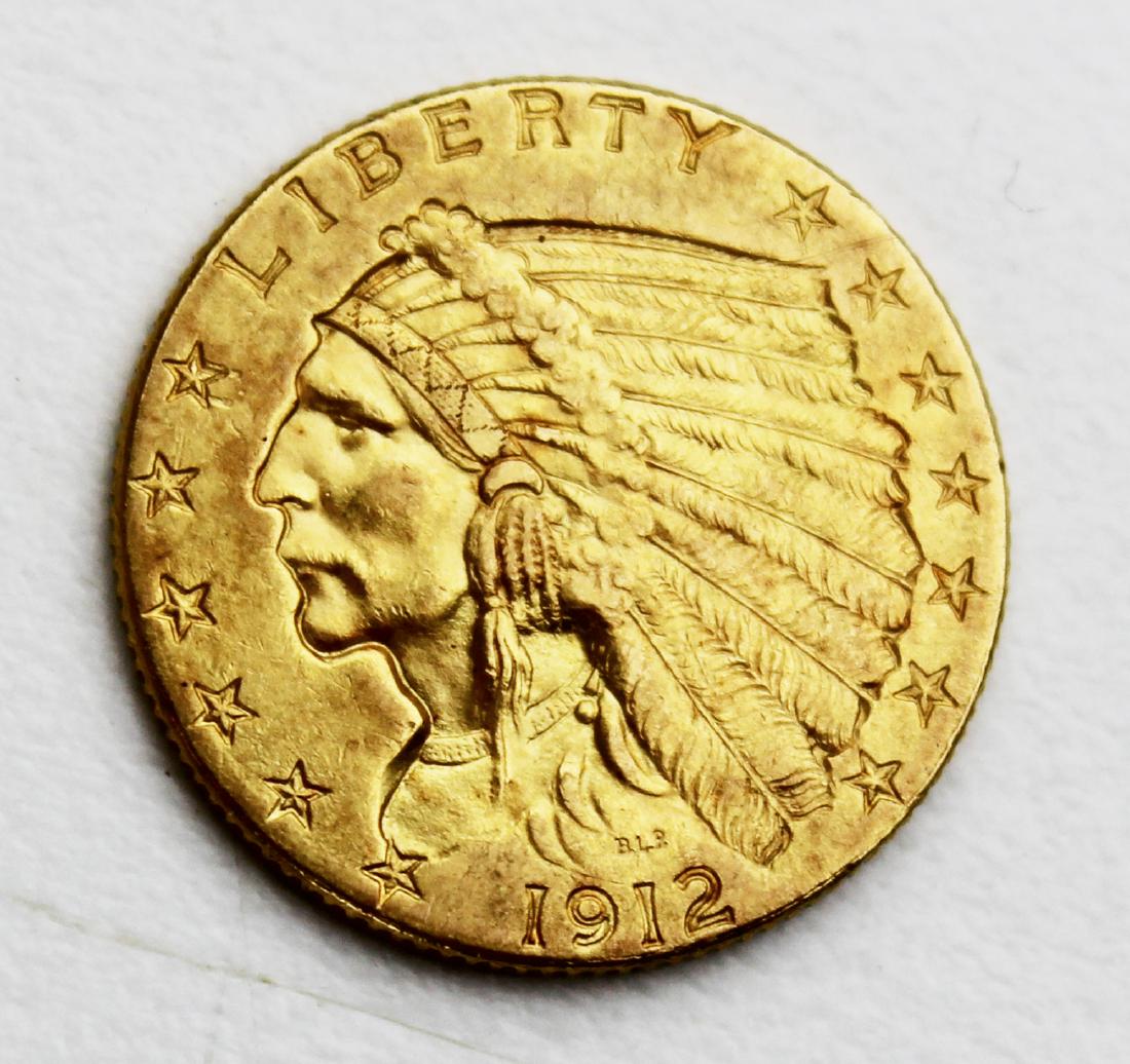 1912 US gold Indian Head quarter eagle: 1912 US gold Indian head quarter eagle, ungraded, probably MS 63