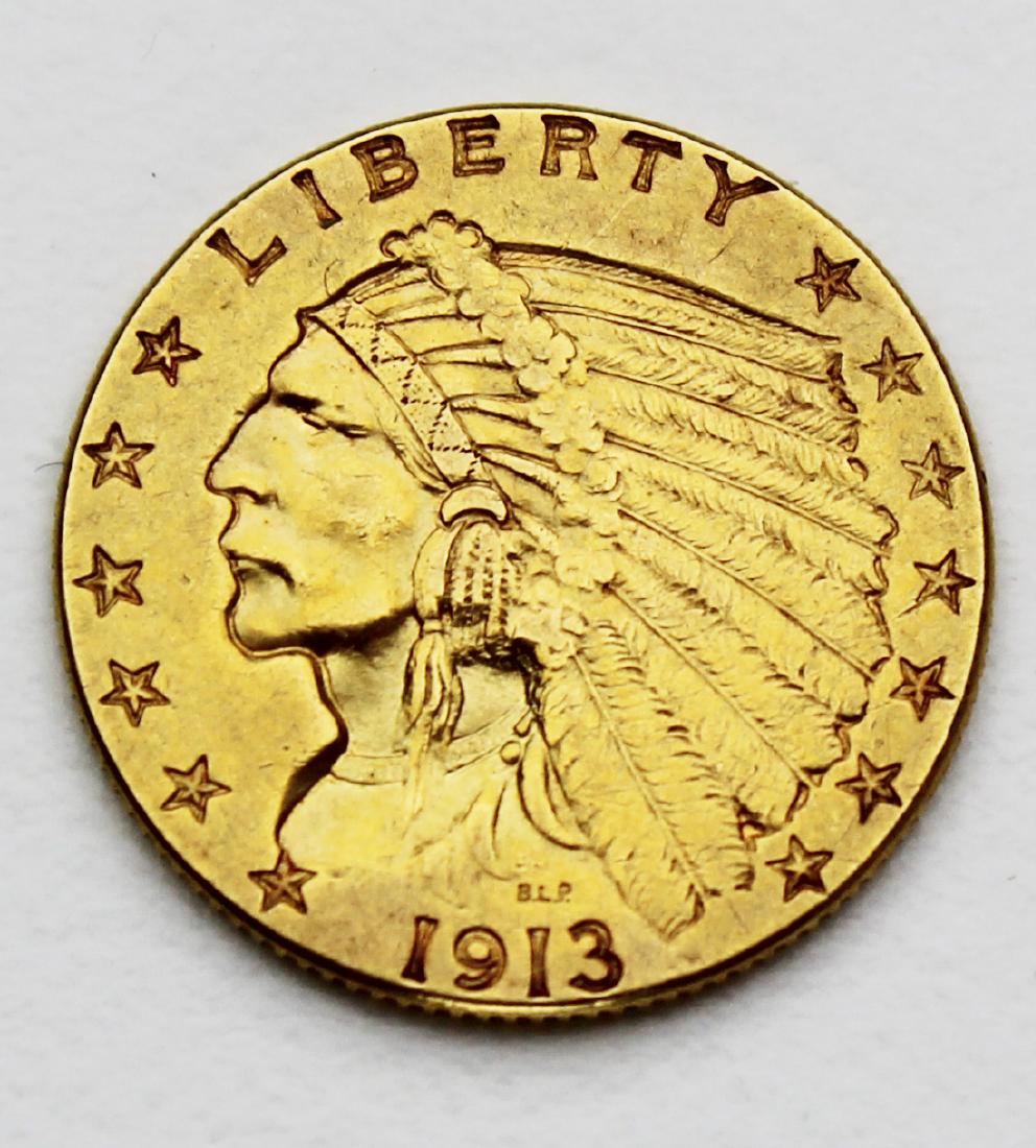 1913 US gold Indian Head quarter eagle: 1913 US gold Indian head quarter eagle, ungraded, probably MS 63+