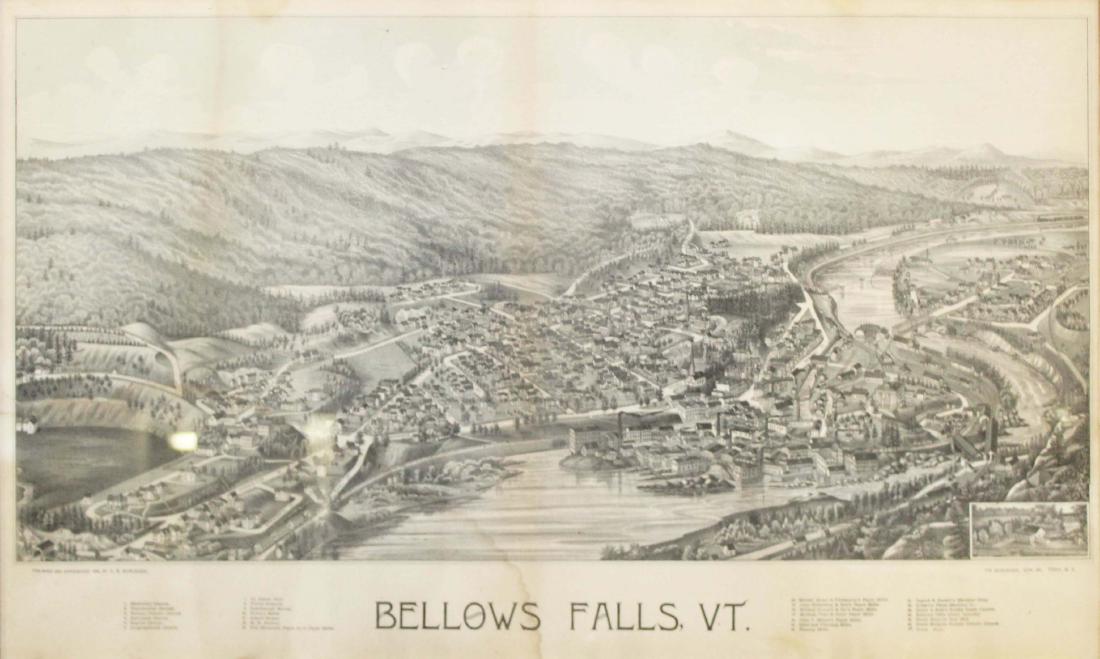 Bellow's Falls Vermont Birdseye View: " Bellows Falls V.T." The Burleigh Lithograph Co 16 x 27" toning and stains