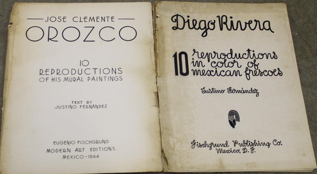 Two Folios of Midcentury Prints: Jose Clemente Orozco and Diego Rivera- each folo contains 10 chromolithographs of the artist's works. Eugenio Fischgrund Modern Art Editions Mexico 1944 Text By Justino Fernandez- some toning to plate
