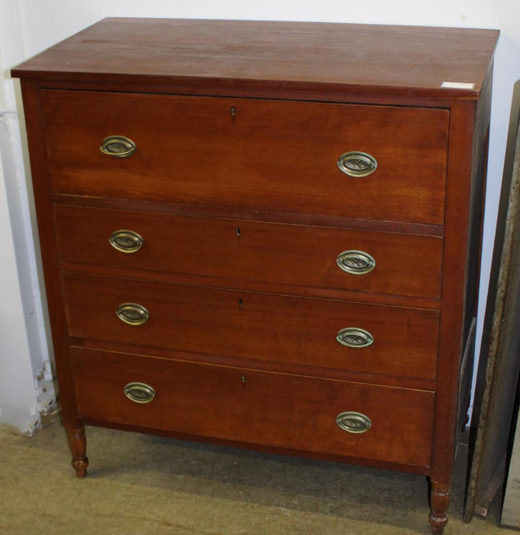 Sheraton cherry 4 drawer chest on turned legs: 19th c. Sheraton cherry 4 drawer chest with deep top bonnet drawer, poplar and walnut secondary woods, and paneled ends, having Hepplewhite oval bail brasses, on petite turned legs 45" x 41" x 21"