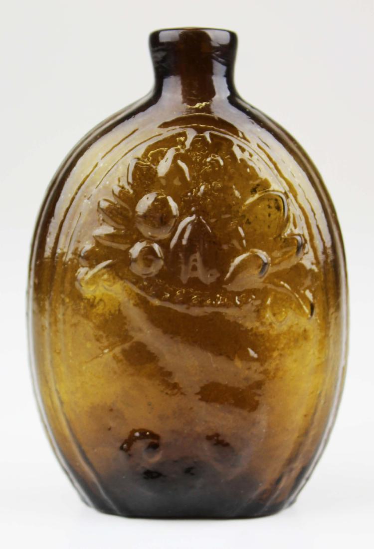 Cornucopia Urn historical flask: Cornucopia/ Urn pictorial historical flask (GIII-7), amber half pint, interior stained/ needs cleaning