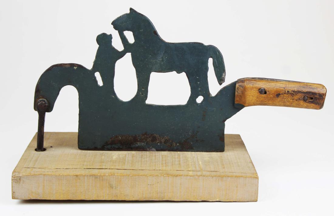 folky tobacco chopper with horse & squire: folky early 20th c chopper/ tobacco cutter with horse & squire, 15" x 8 1/2"