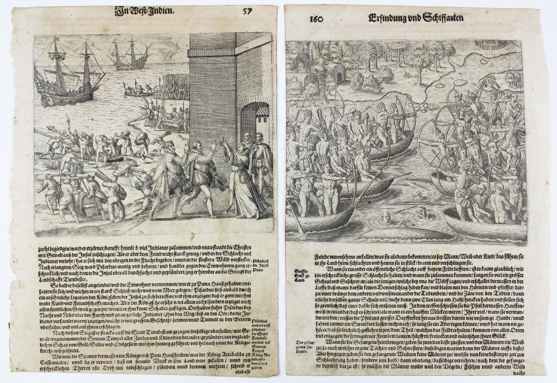 ca 1600 Theodore de Bry engravings: two ca 1600 Theodore de Bry (German 1528- 1598) book plate engravings from Erfindung und Schiffarten, the first page 160, illustration of battle between tribes, one side aided by a European with a fir