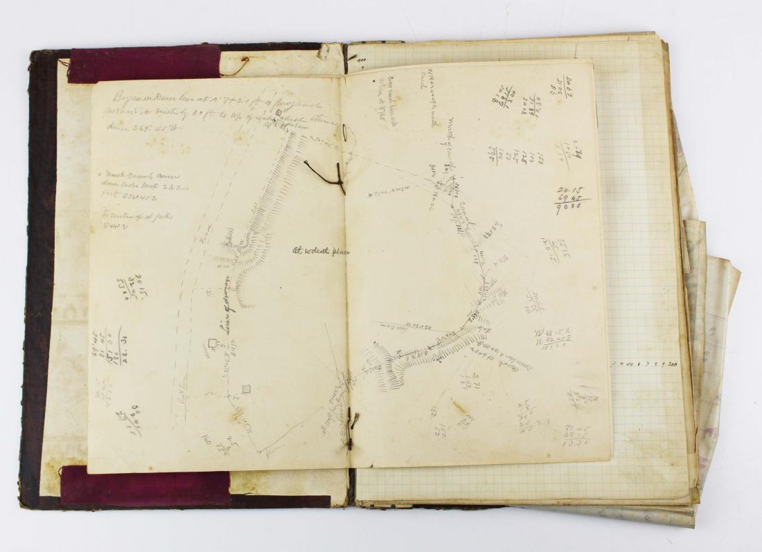 1880 surveyor's Adirondack, NY field book: ca 1880 unique surveyor's field book of the Adirondack Region of NY, including five hand drawn tipped-in folding maps of Essex, Warren & Saratoga County regions including Loon Lake, Keene, Luzerne, Ne