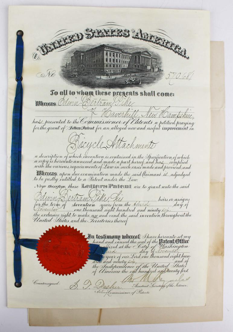 US Patent Office patent for bicycle attachments: 1896 United States Patent Office patent for bicycle attachments awarded to Edwin Bertram Pike of Haverhill, NH, sold with a partial patent copy for a saw jointer