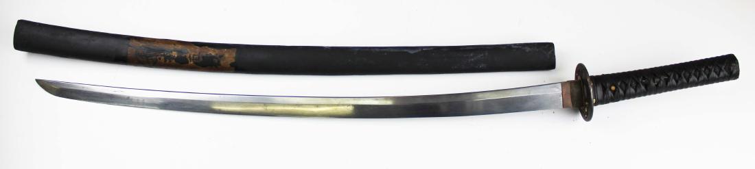 Japanese Edo or Meji Period Katana: Japanese Edo or Meji Period Katana / long sword (18th or 19th c) leather wrapped ray skin handle, signed tang, repainted and repaired scabbard with remnants of old paper label, Mixed metal tsuba, blad