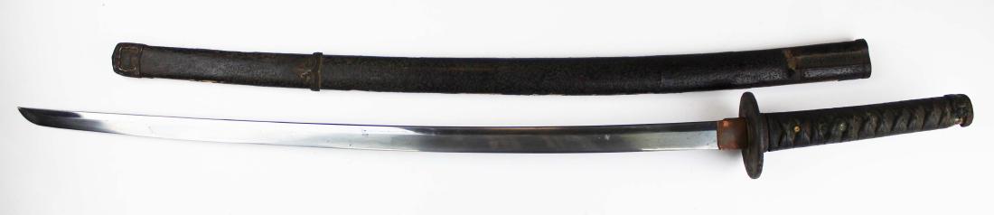 Japanese Edo or Meji Period Katana: Japanese Edo or Meji Period Katana/ long sword (18th or 19th c) leather wrapped ray skin handle, signed tang, lacquered scabbard with some losses, crude wrought iron tsuba, blade 28" 38"overall -minor