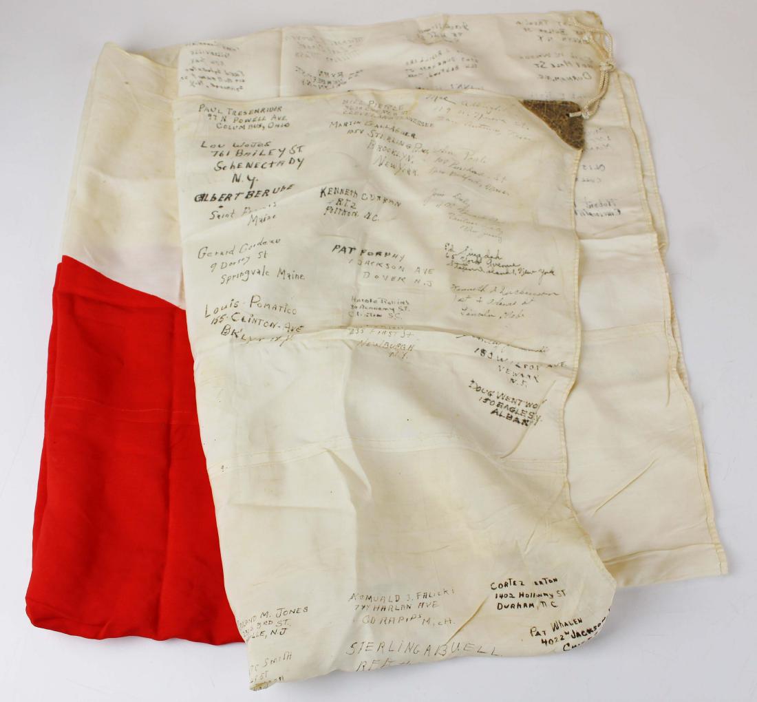 WWII Japanese Battle flag with Autographs: WWII Japanese silk battle flag with US Soldiers approximately 80 autographs and addresses including - Roland M. Jones-Millville NJ; Romulaud Falicki-CD Rapids MI; Cortez Eaton-Durham NC; Ernest Smith 