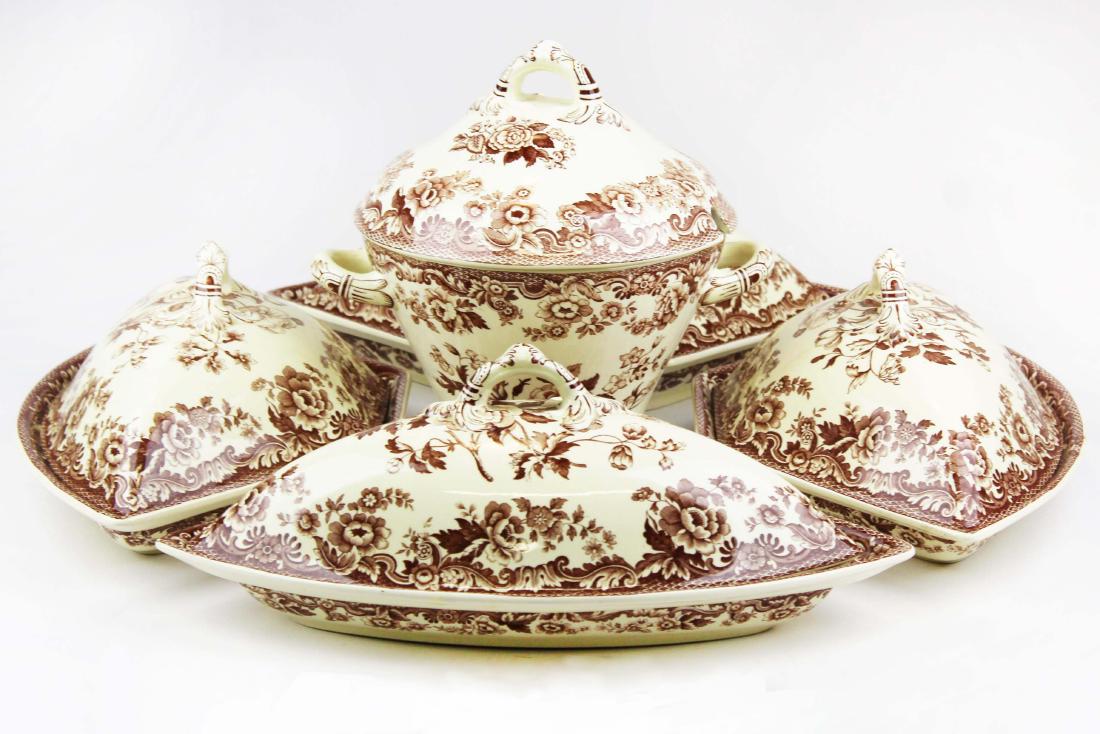 Spode Marina 5 pc. porcelain supper set: Spode "Marina" pattern Royal Jasmine line brown floral transferware porcelain supper set consisting of 4 crescent shaped covered dishes and one round covered center serving dish 10" x 20" overall