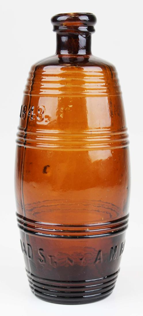 ca 1870 Bininger figural whiskey bottle: ca 1870 Bininger 19 Broad St figural whiskey bottle, amber, ht 8"