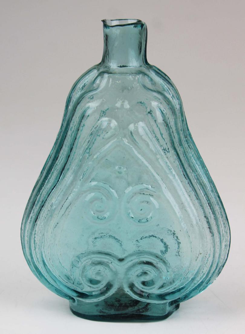 ca 1860 aqua scroll flask: ca 1860 figural scroll flask (GIX-100), aqua pint, graphite pontil, ht 7"