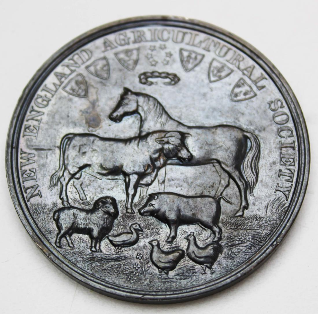 1884 NE Agricultural Society medal: 1884 New England Agricultural Society silver medal, presented to the Vermont Farm Machine Company for the Davis Swing Churn & the Pneumatic Fruit Dryer, diameter 1 7/8"