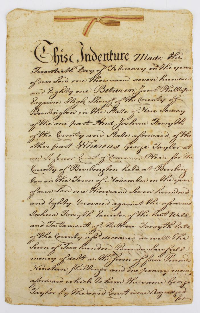 1780 New Jersey High Sheriff's indenture: 1780 New Jersey hand written indenture between High Sheriff Jacob Phillips and Joshua Forsyth concerning a judgment of debt (4 pages) and deed for 127 acres of land