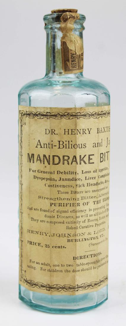 Dr Baxter's Mandrake Root bitters with label: late 19th c Dr Baxter's Mandrake Root bitters, Lord Brothers Proprietors, Burlington, VT medicine bottle with hard to find complete label, ht 6 3/4"