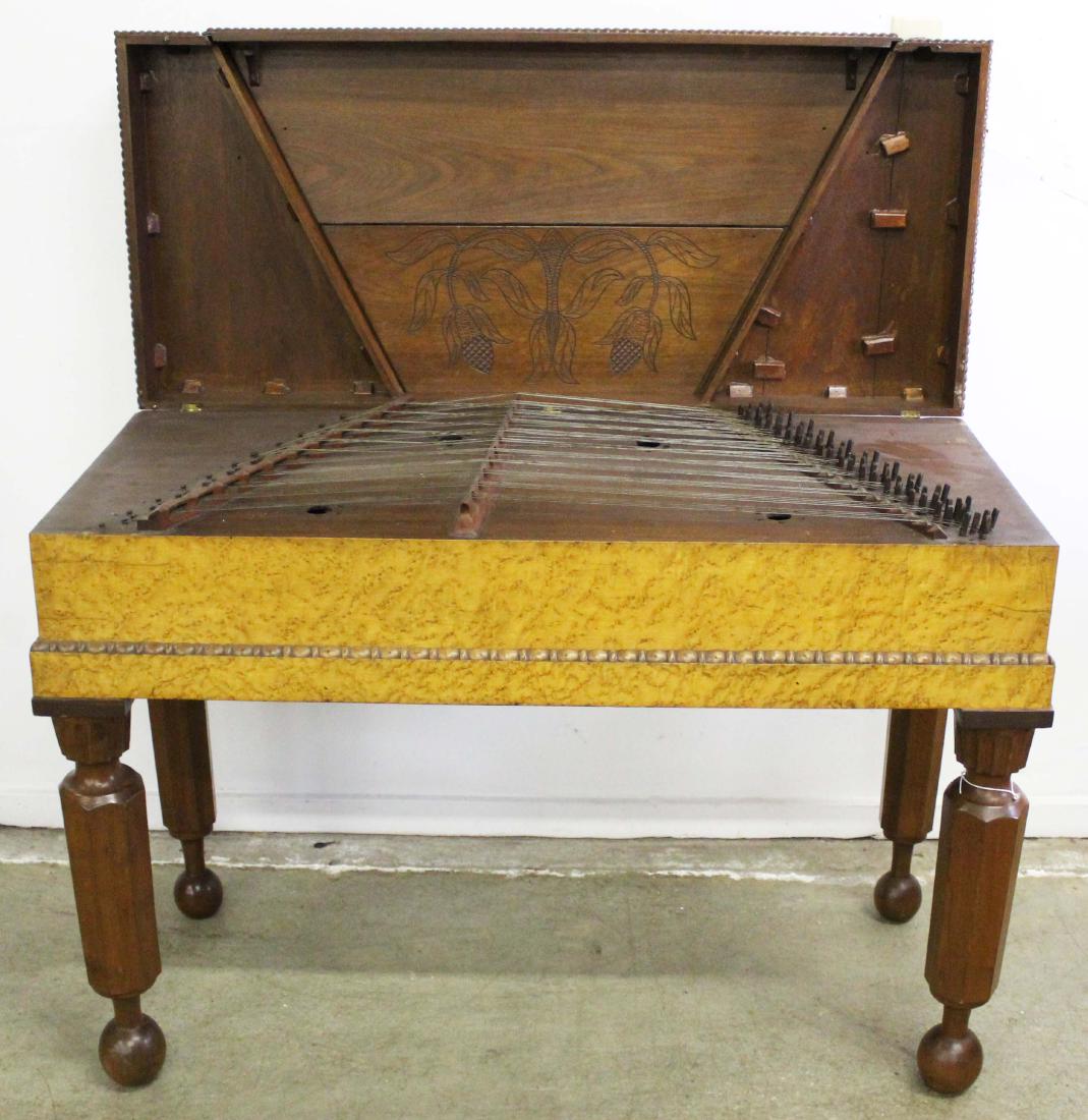 Cymbalom gypsy piano in birdseye maple case: scarce late 19th c. Cymbalom 'gypsy piano' folk music instrument in birdseye maple and checkered walnut spinet style case, with old note underneath "restored by Vincent C. Judge Lisbon, Ohio May 1969"
