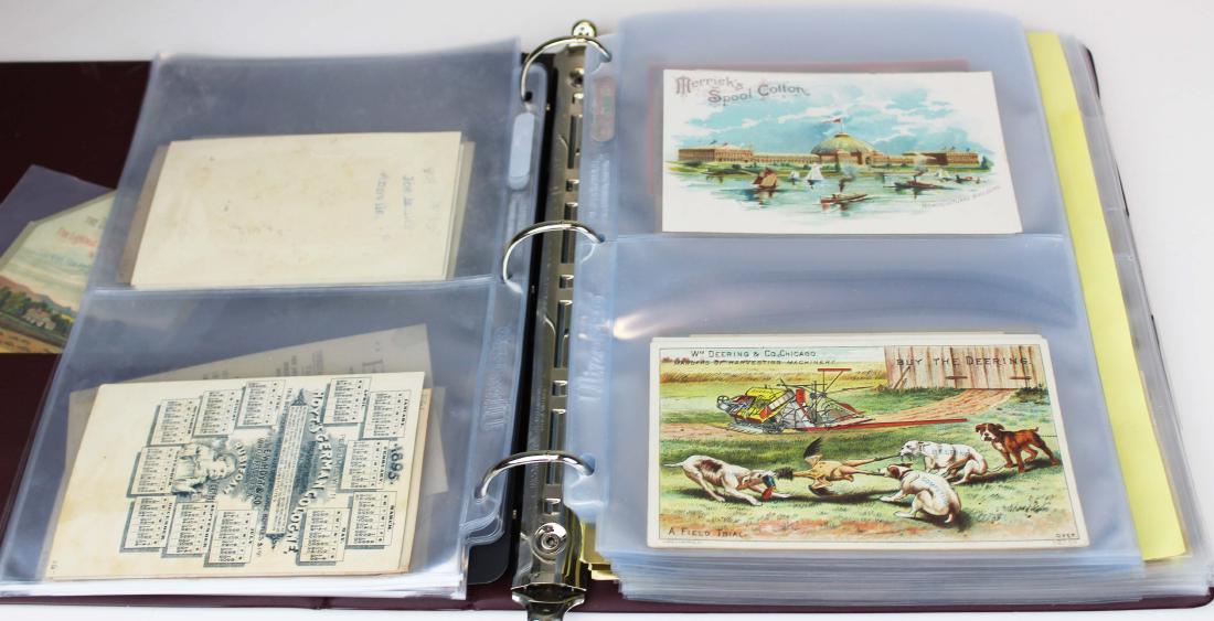album of late 19th c trade cards: album of late 19th c trade cards, Black Americana, Uncle Sam, agricultural, harvesting machines, soap, stoves & polish, paint, sewing machines (214 pcs)