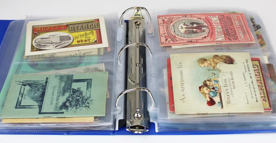 album of late 19th c trade cards: album of late 19th c trade cards, almanacs, trifolds (72 pcs)