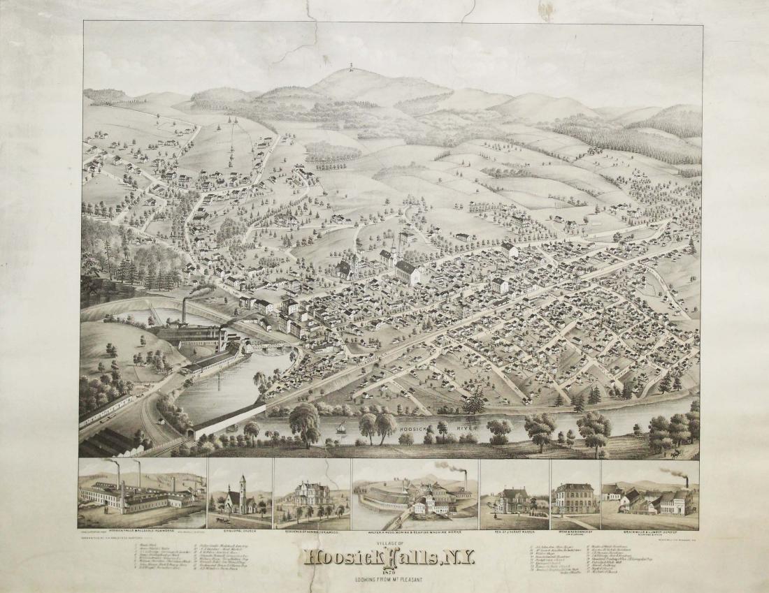 Hoosick Falls New York Birdseye View: Hoosick Falls NY 1879 Birdseye View Beck and Pauli Litho co. significant tears 22 x 28"