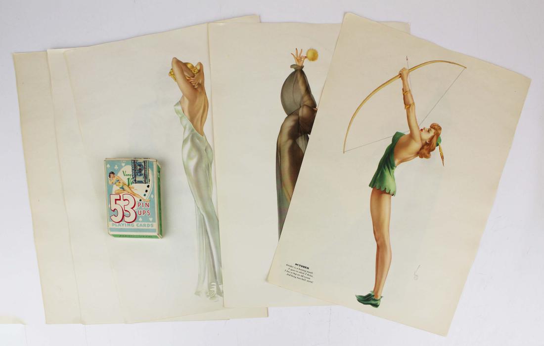 Vargas girl vintage playing cards and pin-ups: Vargas girl vintage playing cards in there original box (complete deck with two jokers) with 6 Vargas girl pin-ups 10" x 14"