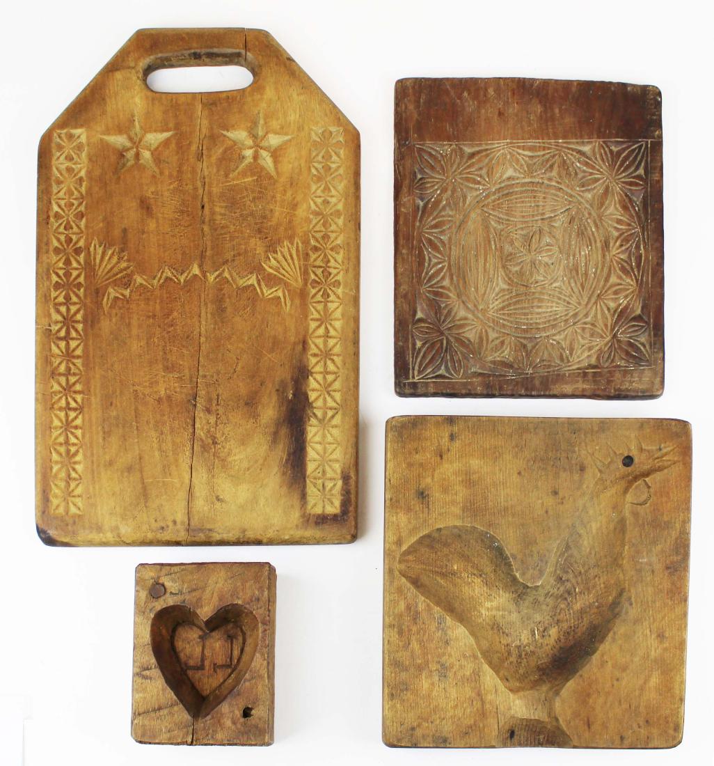 19th c Quebec carved wooden maple sugar molds: two 19th c Quebec carved wooden maple sugar molds, 9 1/4", 5 1/2", sold with two carved cake boards, length 9 1/2", 15"