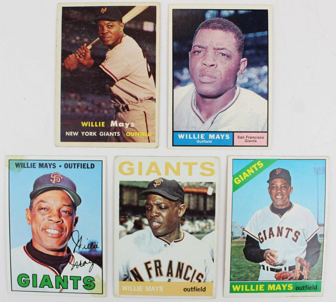 5 Willie Mays baseball cards: A group of 5 Willie Mays baseball cards 1957 Topps, 1961 Topps, 1964 Topps, 1966 Topps, and 1967 Topps.