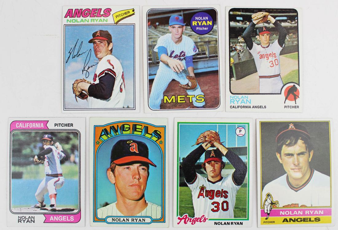 A group of 7 Nolan Ryan baseball cards: A group of 7 Nolan Ryan baseball cards including 1969 Topps (2nd Year) razor sharp, 1972 Topps, 1973 Topps, 1974 Topps, 1976 Topps, 1977 Topps, 1978 Topps.