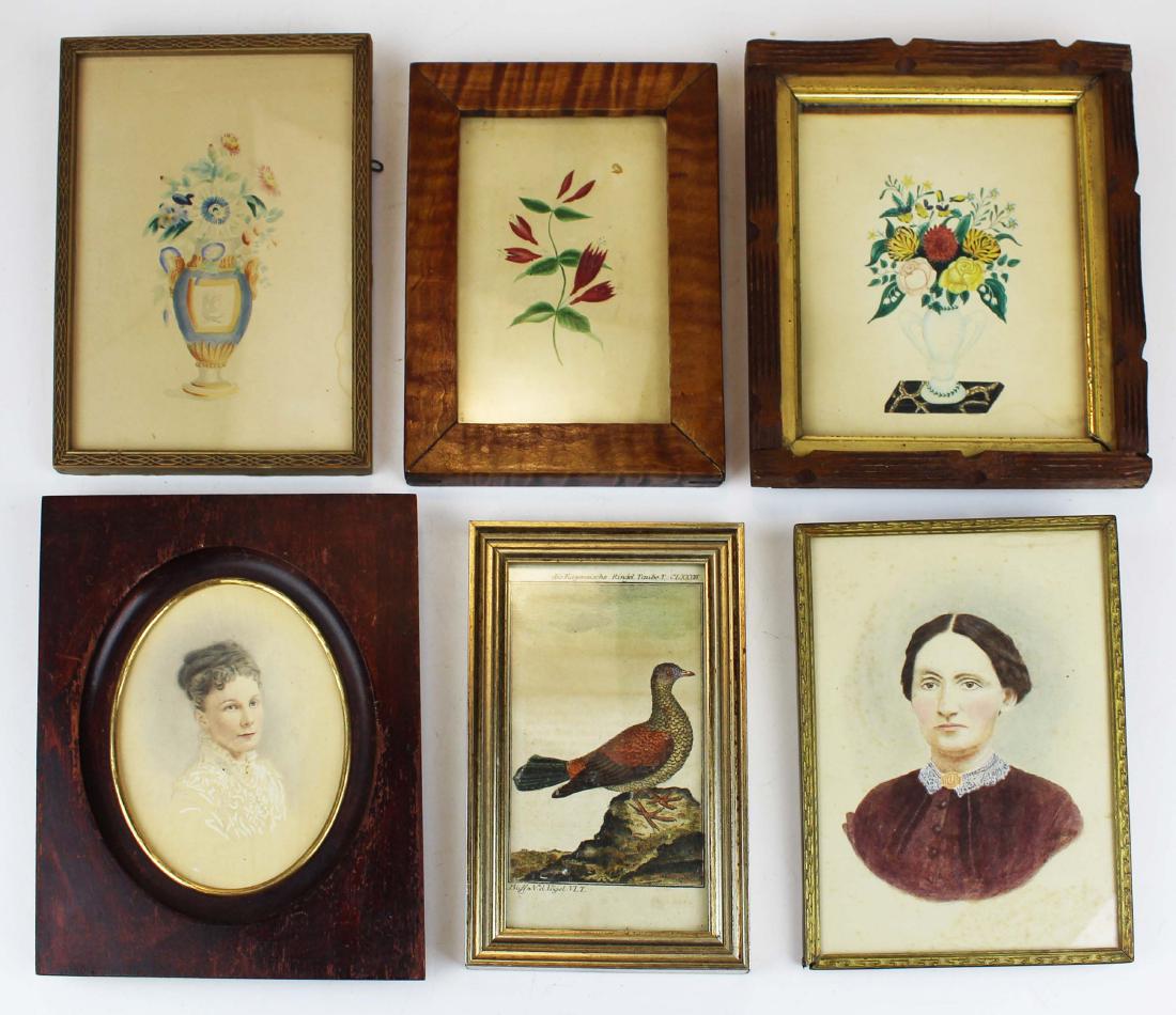miniature watercolors, portraits, & early print: miniature schoolgirl watercolors, miniature portraits, & small hand colored bird print (6 pcs), all about 7" x 5"