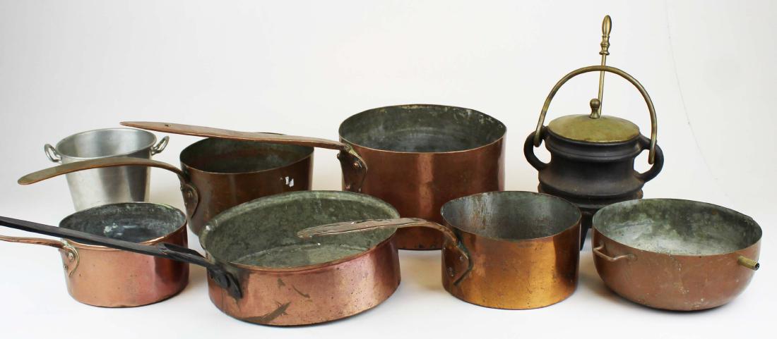 Eight 19thc Copper pans: eight 19th c copper pots and pans