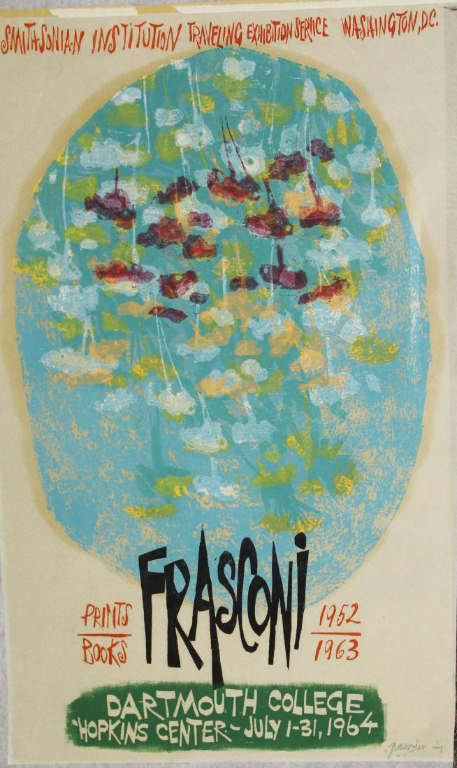 Three 20th c Exhibition Posters: Three 20th c Exhibition posters- J Thomas Bailey Framont st Boston; Adja Yunkers 25 years of Prints; Fransconi Dartmouth College 1965 hand printed woodblock poster 18 x 24"