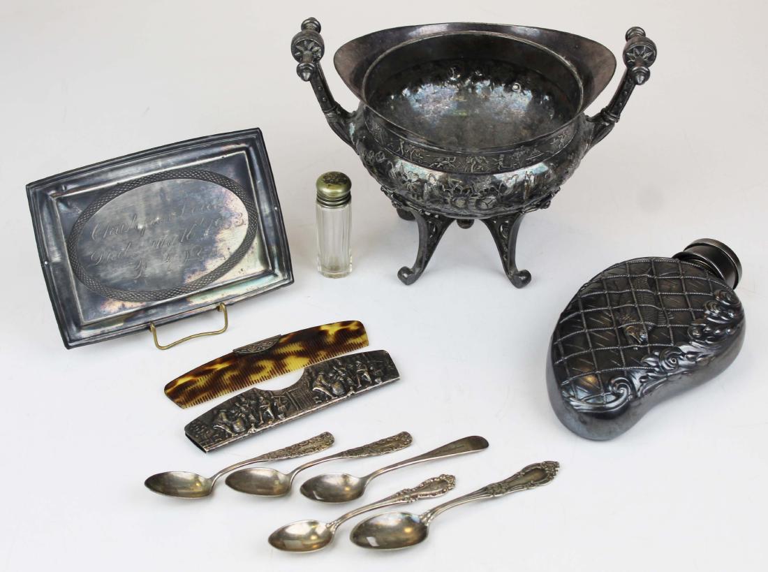 silver plated pocket flask, other silver plate: silver plated pocket flask (ht 6 1/2), other silver plate