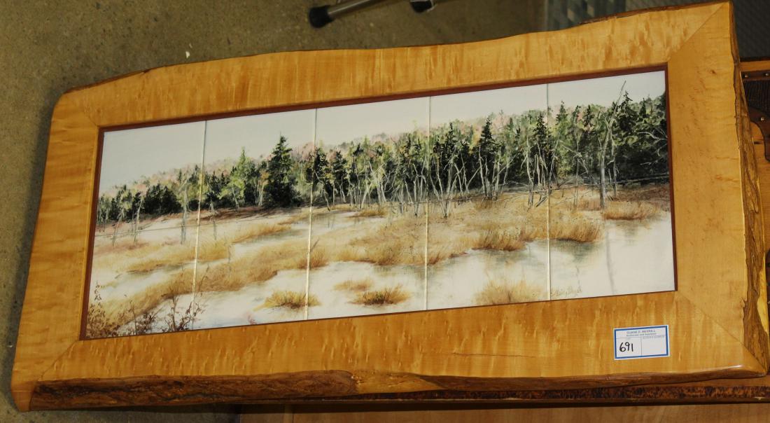 Oil on tile landscape painting: A oil on 10 tiles landscape painting. Signed Mardy Bugar in birdseye maple free edge frame. 29" x 12" image. Frame 18" x 36".