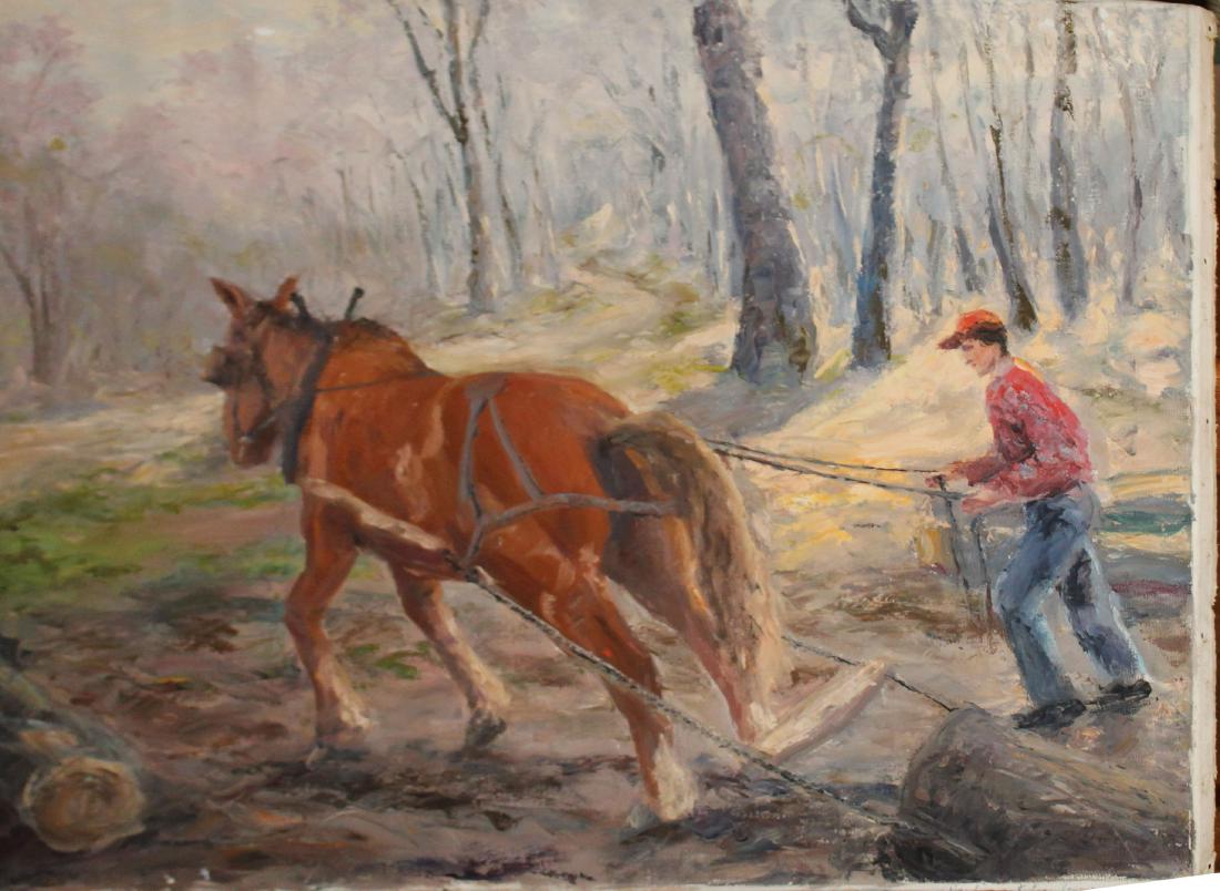 Arnold Warburton Lahee (VT 1888-1976): Arnold Warburton Lahee (Vermont 1888-1976) Pulling logs with a Horse oil on canvas signed reverse 20 x 24"