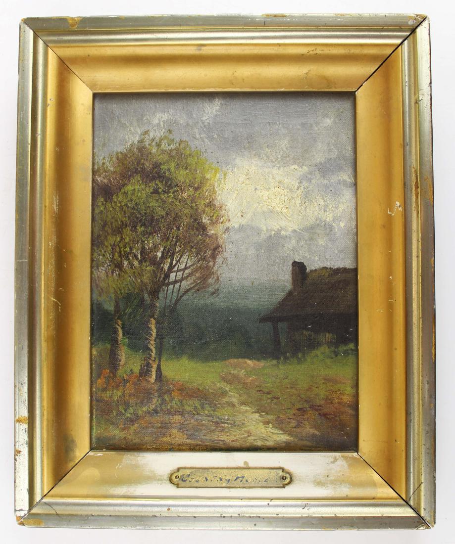 American Hudson River School oil on canvas: 19th c American oil on canvas Hudson River School painting of house landscape. 8" x 10" in lemon gold frame.