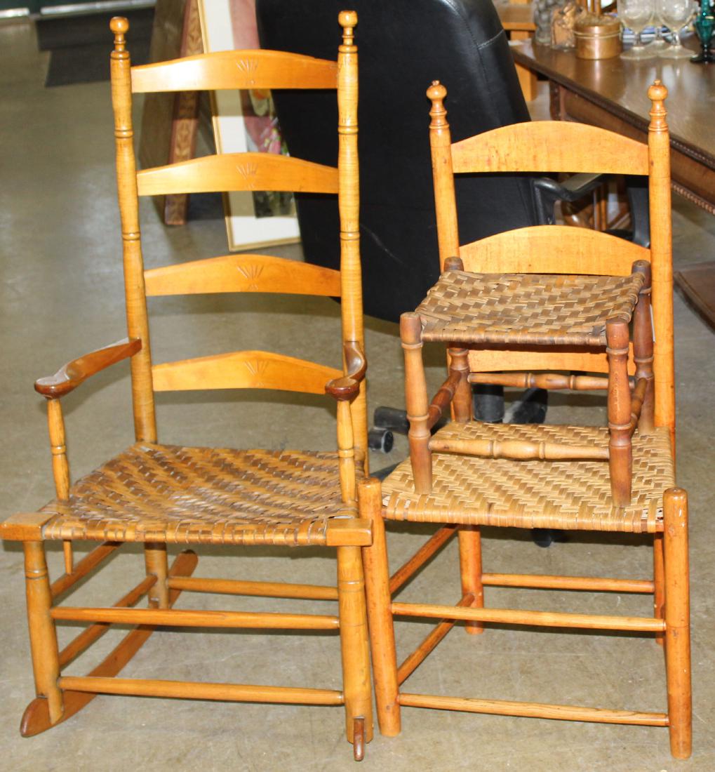 Ladder back rocker, chair, and footstool: 19th c Ladder back hoop skirt rocking chair with original splint seat, ladder back side chair, and footstool, all nicely refinished