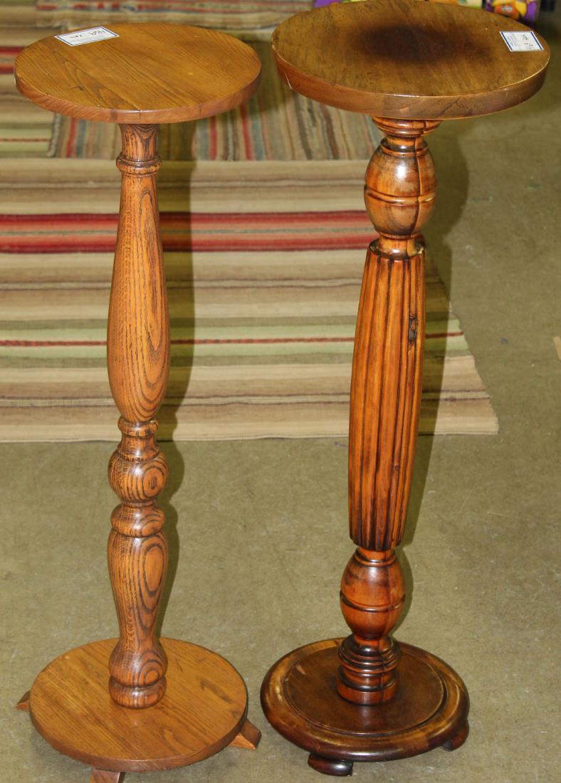 Two Victorian plinth plant stand pedestals: Two Victorian turned column plinth plant stand pedestals, one of golden oak, the other of walnut stained mahogany and birch ht. 35", 36"