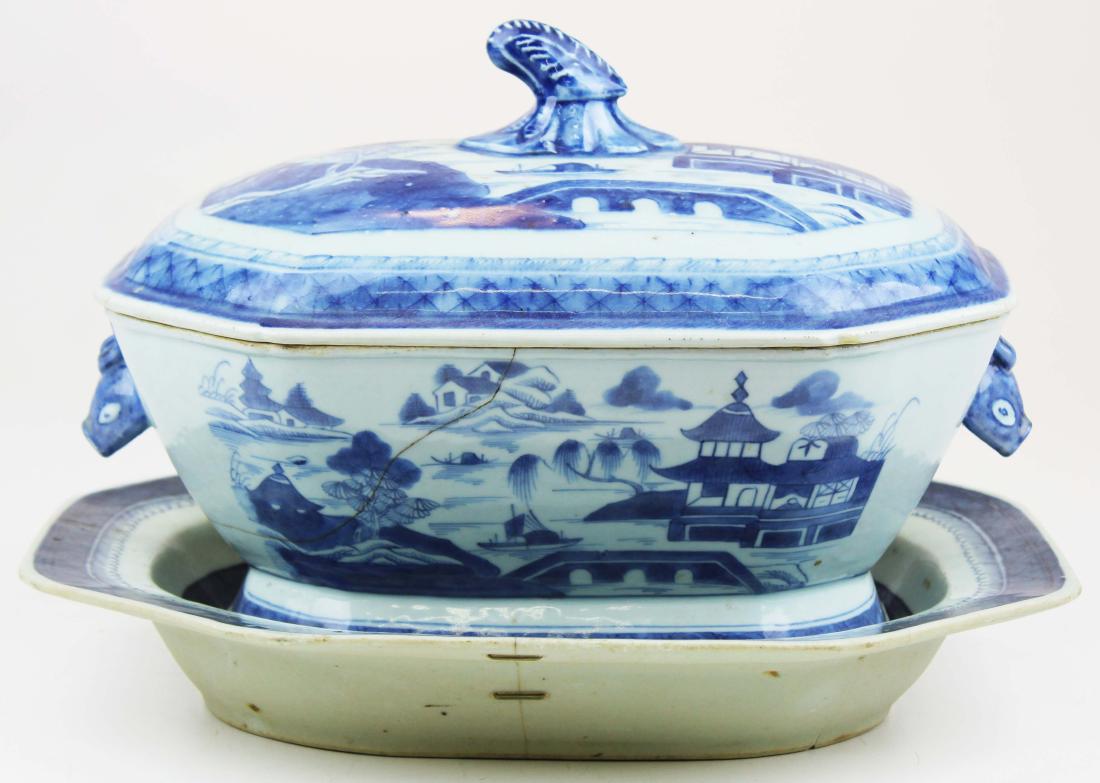 Chinese Blue and White Canton porcelain tureen: 19th c. Chinese Blue and White Canton porcelain boar's head handled tureen (old staple repaired cracks) accompanied by octagonal platter (staple repaired) 9" x 9" x 13", 2.25" x 13.5" x 11"