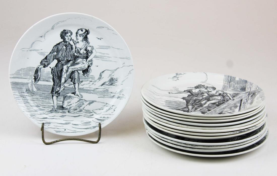 13 Creil & Montereau French comic plates: set of 13 Creil & Montereau French 19th c. transferware comic satire cartoon porcelain luncheon plates 8"